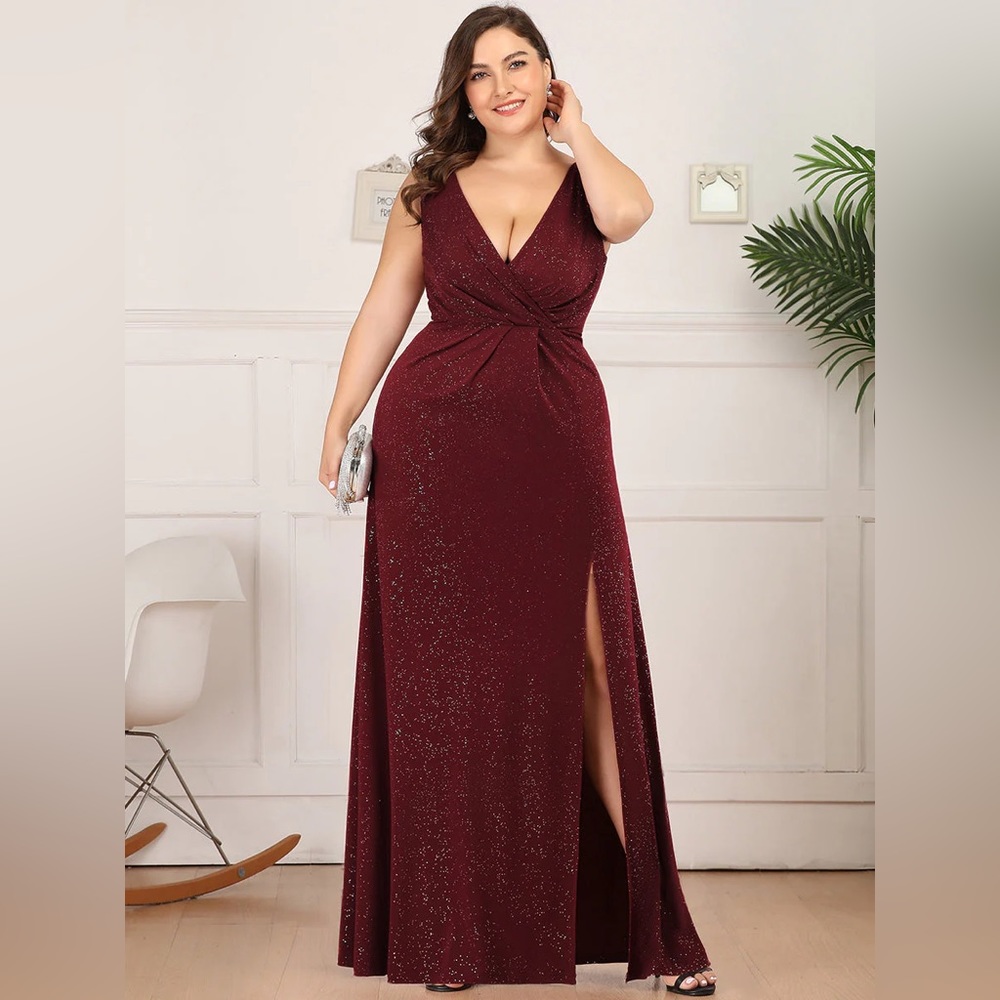 Floor Length V Neck Shimmery Wholesale Plus Size Evening Dresses
